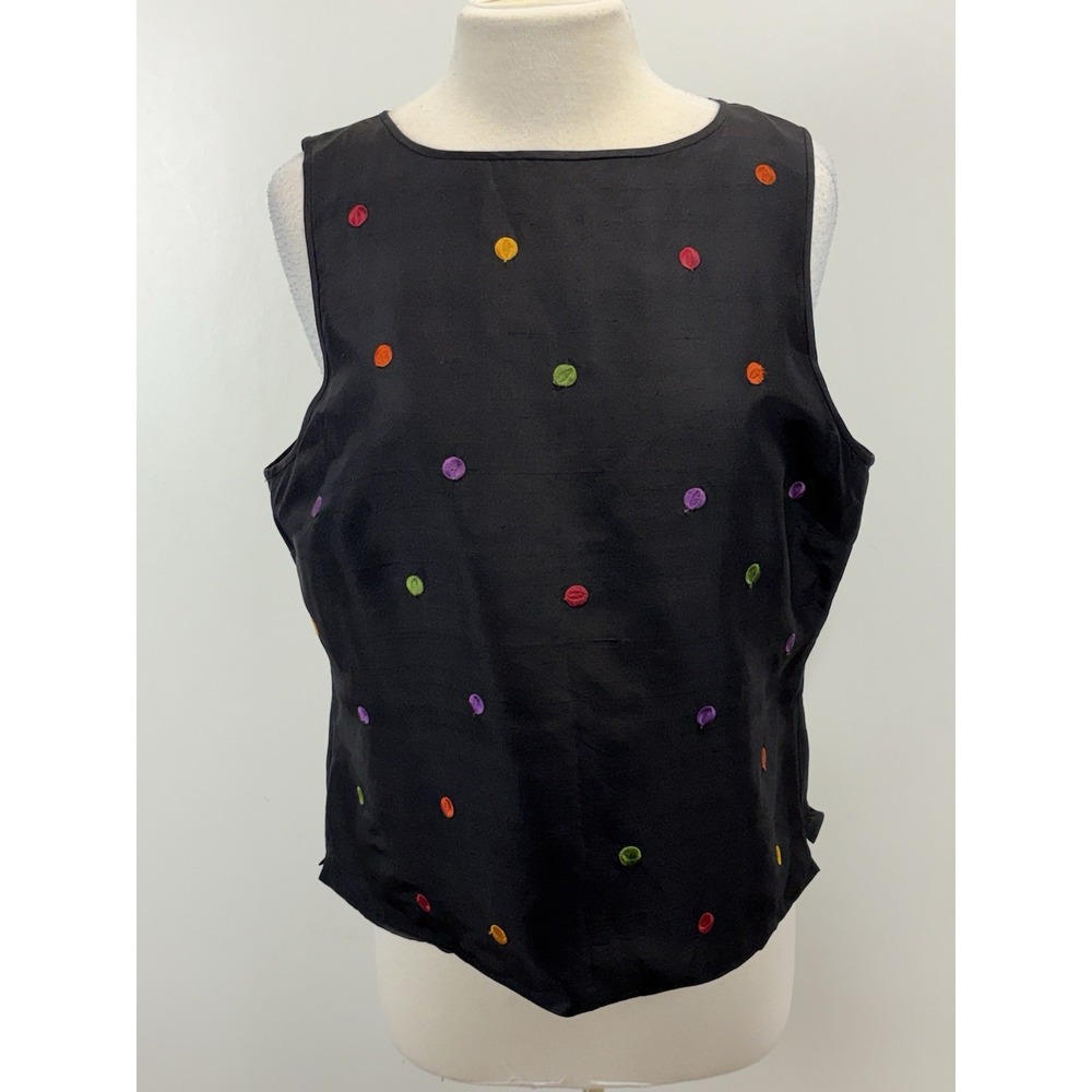 Vtg Robbie Bee Silk Blouse Top Women's 16 Black Polka Dot Back Buttons Sleeveles